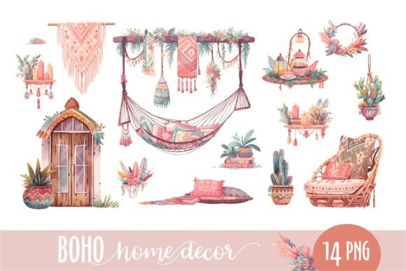 Boho Home Decor Clipart: 14 PNGs for Creative Design