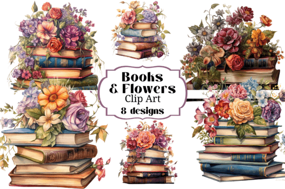 Books & Flowers Clip Art: Vintage Charm for Modern Projects