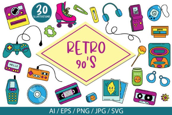 Retro 90s Set of Vector Illustrations: Nostalgic Design Assets