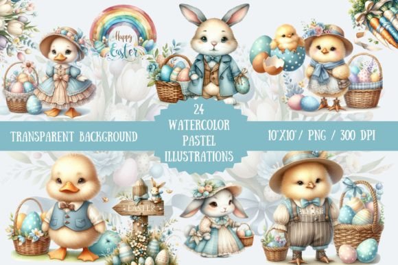 Spring Serenity: Watercolor Pastel Blue Illustrations for Easter