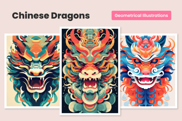 Three Geometric Chinese Dragons: Bold Eastern Artistry